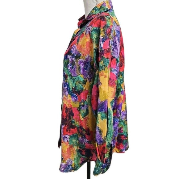 Basic Editions 100% SILK Watercolor Button Up Long Sleeve Top Retro Women’s Sz L - Picture 2 of 7